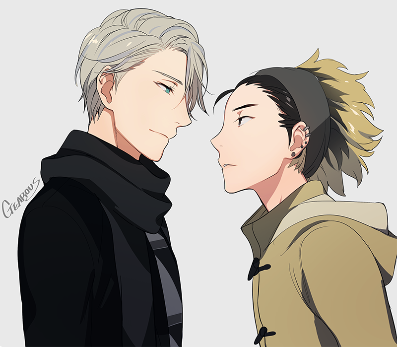 1boy 1girl artist_name black_coat black_eyes black_hair blue_eyes close-up coat commentary_request earrings eye_contact face-to-face gearous grey_background grey_hair hood hood_down hooded_jacket jacket jewelry katsuki_mari light_brown_hair light_smile looking_at_another looking_down looking_up multicolored_hair profile scarf short_hair simple_background smile standing two-tone_hair upper_body viktor_nikiforov yuri!!!_on_ice