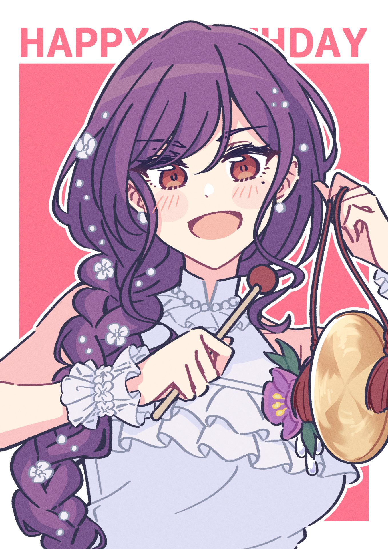 1girl :d akamirai bare_shoulders blush border braid braided_ponytail breasts brown_eyes commentary dress dress_flower flower frilled_dress frills gong hair_flower hair_ornament hands_up happy_birthday highres holding holding_instrument instrument jewelry large_breasts liu_mei_fan long_hair looking_at_viewer low_ponytail mole mole_under_eye necklace official_alternate_costume official_alternate_hairstyle open_mouth outline outside_border pearl_hair_ornament pearl_necklace ponytail purple_flower purple_hair red_background shoujo_kageki_revue_starlight shoujo_kageki_revue_starlight_-re_live- side_ponytail simple_background single_braid sleeveless sleeveless_dress smile solo upper_body white_border white_dress white_flower white_outline wrist_cuffs