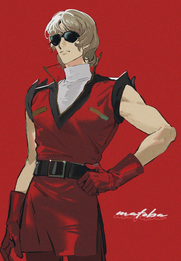 1980s_(style) 1boy aeug belt blonde_hair gundam male_focus matoba_(ga6life) military_uniform oldschool quattro_bajeena red_background retro_artstyle science_fiction short_hair simple_background sleeveless solo sunglasses vest zeta_gundam