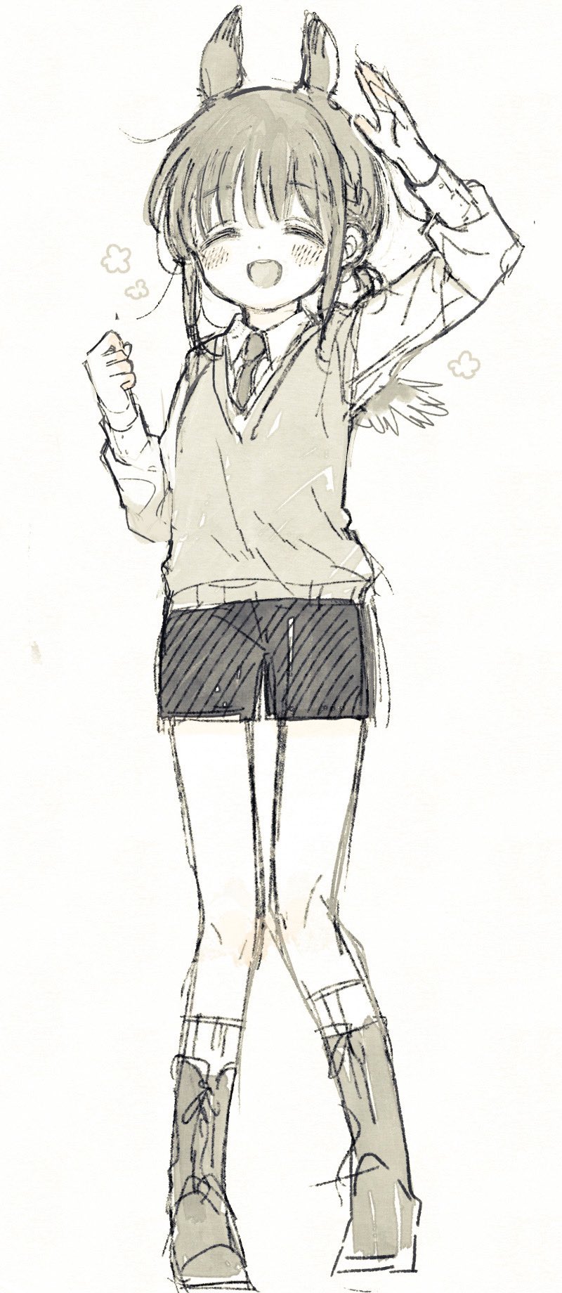 1girl animal_ears black_shorts blush boots brown_boots brown_sweater_vest child clenched_hand closed_eyes dress_shirt feathered_wings full_body happy highres itou_hachi knee_blush majo_to_tsukaima necktie pale_skin shirt shorts sketch slim_legs smile sweater_vest wings