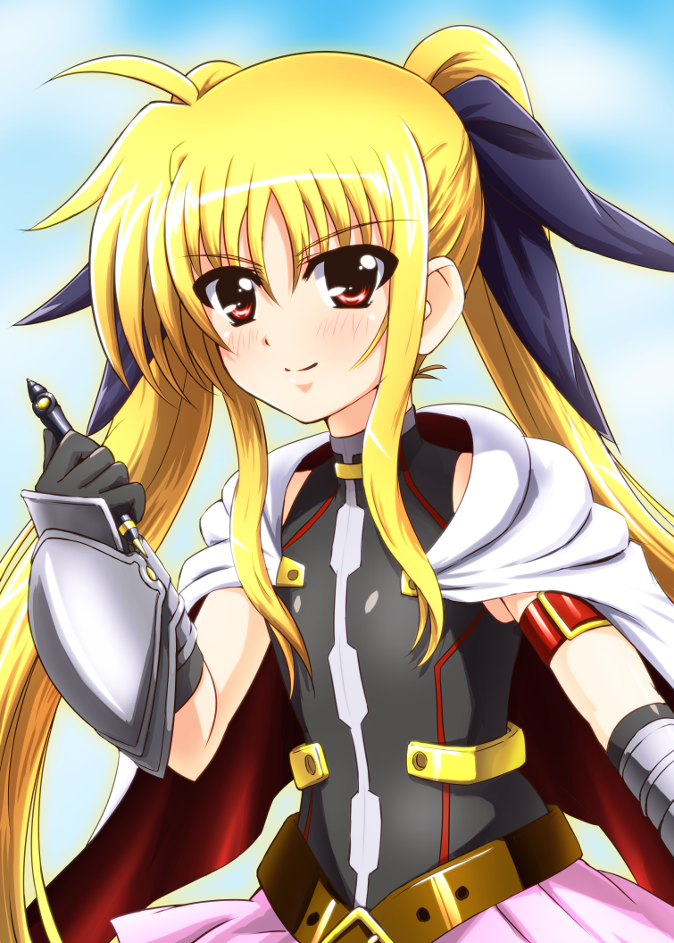 1girl armor belt blonde_hair blush buckle cape diesel-turbo fate_testarossa fate_testarossa_(blaze_form) female_focus gloves hair_ribbon long_hair lyrical_nanoha mahou_shoujo_lyrical_nanoha mahou_shoujo_lyrical_nanoha_a&#039;s mahou_shoujo_lyrical_nanoha_the_movie_2nd_a&#039;s red_eyes ribbon skirt smile solo twintails very_long_hair