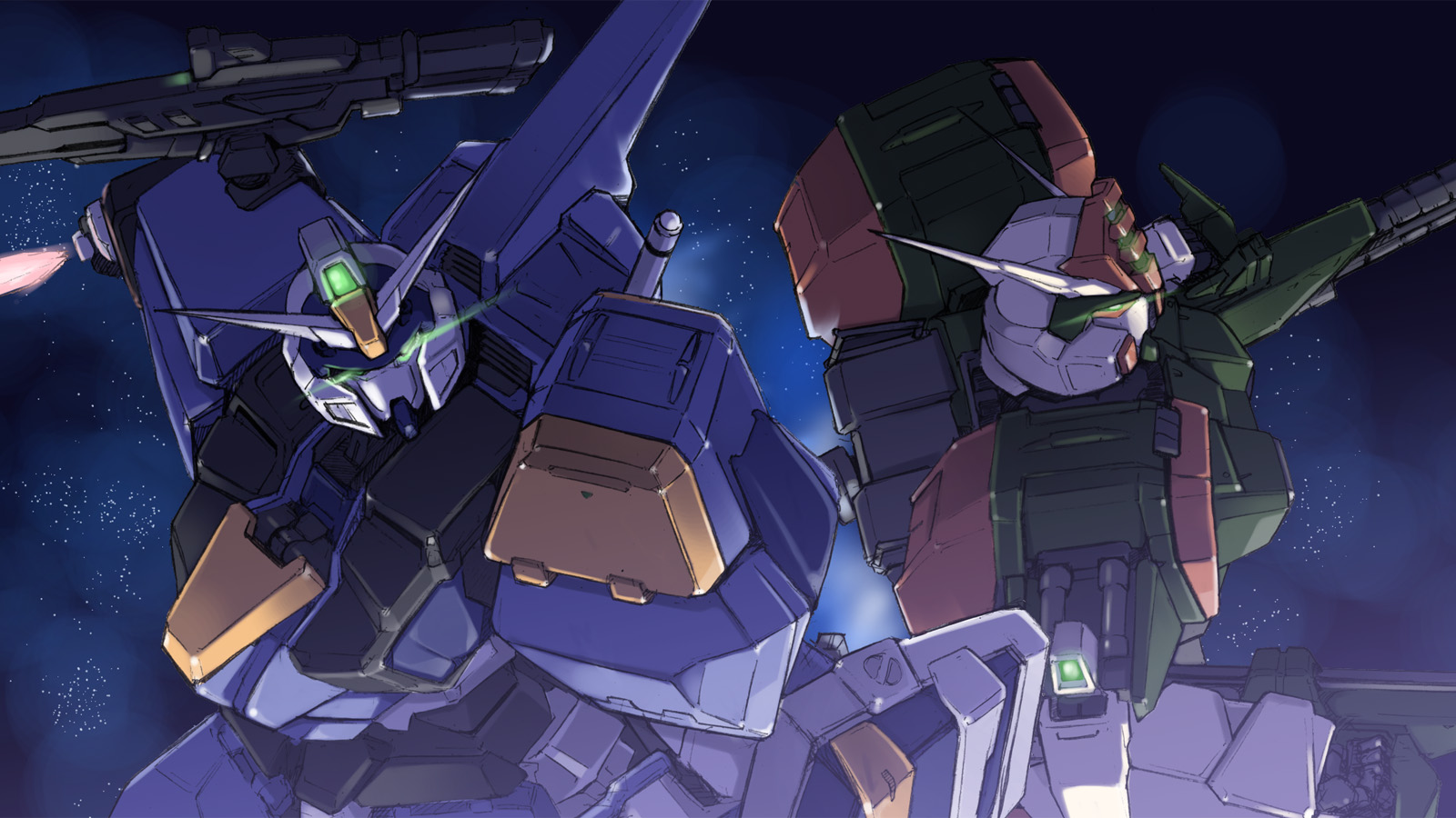 buster_gundam duel_gundam energy_sword glowing glowing_eyes gundam gundam_seed highres kuronyan mecha no_humans robot space sword weapon