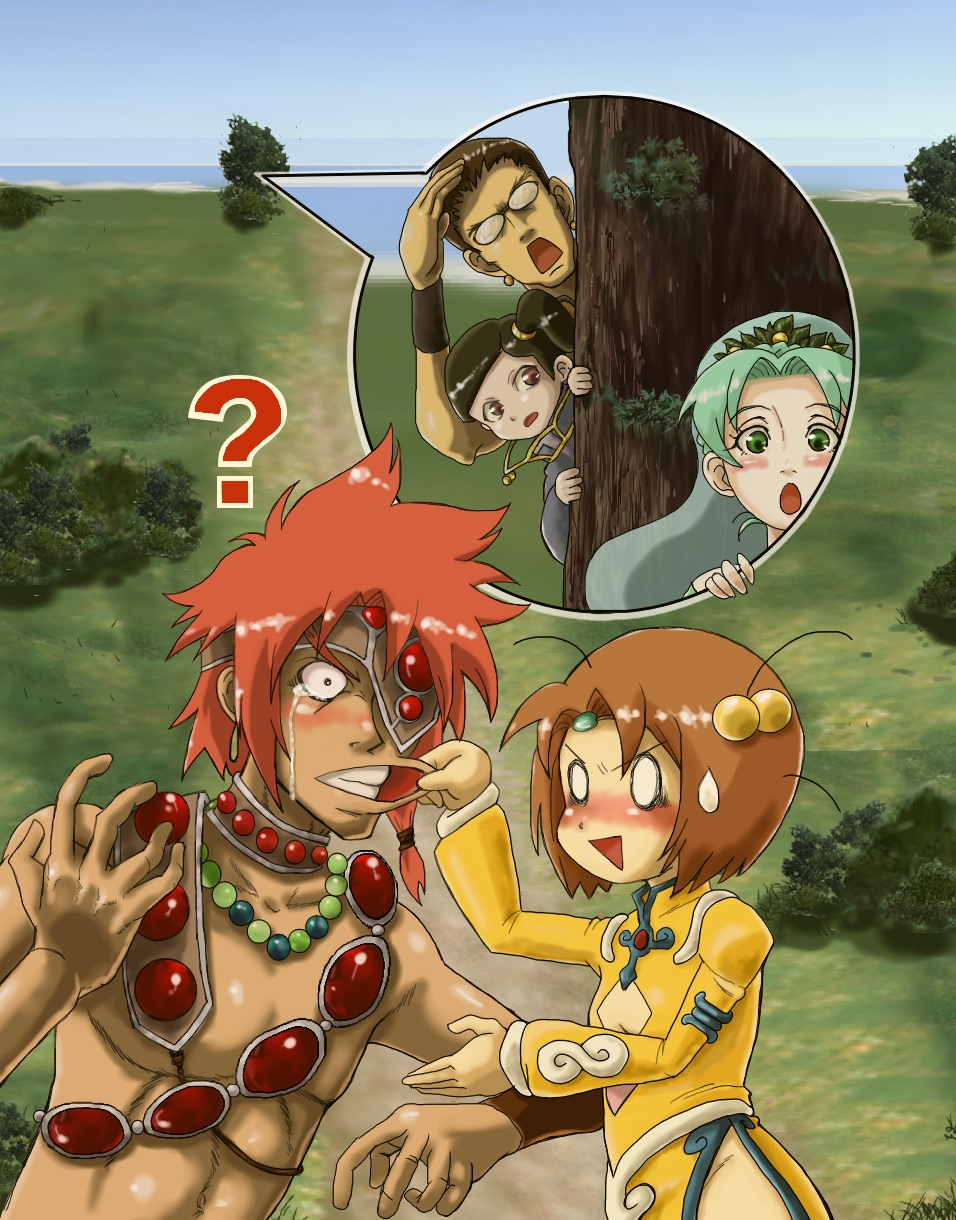 2girls 3boys abs aqua_hair black_hair blush breasts brown_hair choker cleavage_cutout clothing_cutout dress earrings eyepatch glasses green_eyes grune_(tales) hair_ornament highres jay_(tales) jewelry moses_sandor multiple_boys multiple_girls nameko_(pixiv1208089) necklace norma_beatty open_mouth red_eyes red_hair short_hair side_ponytail tales_of_(series) tales_of_legendia tears veil will_raynard