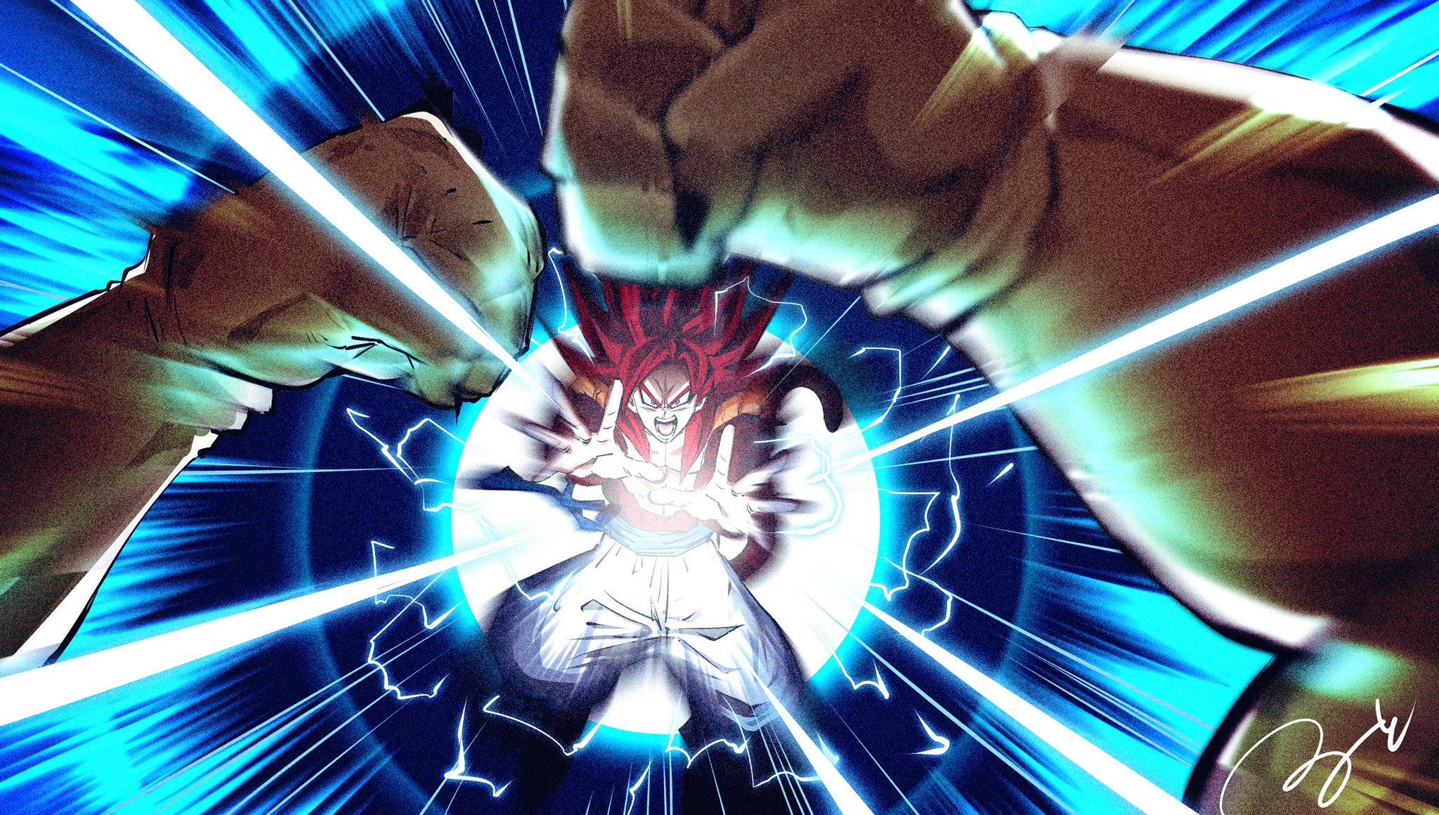abs aiming aiming_at_viewer attack aura big_bang_kamehameha blue_eyes blue_sash body_fur dragon_ball dragon_ball_gt energy glowing gogeta highres incoming_attack kamehameha_(dragon_ball) letterboxed looking_at_viewer metamoran_vest monkey_boy monkey_tail omega_shenron pov pov_hands red_fur ruto830 sash spiked_hair super_saiyan super_saiyan_4 tail