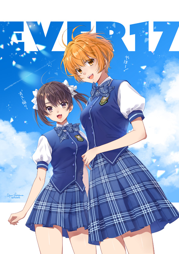 2girls black_hair blue_sky bow bowtie cloud commentary_request ever_17 grey_eyes looking_at_viewer matsunaga_sara multiple_girls open_mouth orange_eyes orange_hair short_hair skirt sky smile takigawa_yuu tanaka_yubiseiakikana twintails vest