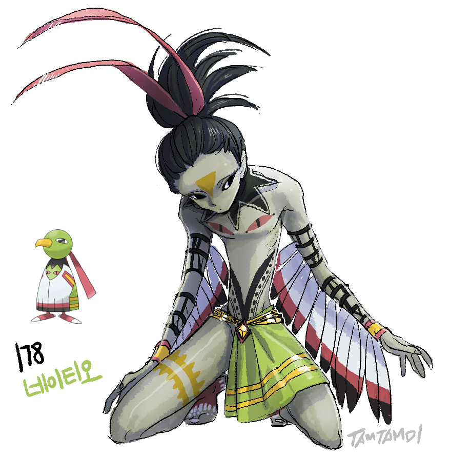 1boy arm_tattoo barefoot black_hair bodypaint colored_skin commentary creatures_(company) eye_tattoo feather_hair_ornament feathers full_body game_freak gen_2_pokemon grey_skin hair_ornament kneeling loincloth long_hair male_focus nintendo personification pokemon pokemon_(creature) ponytail reference_inset signature tamtamdi tattoo topless_male translated tribal xatu