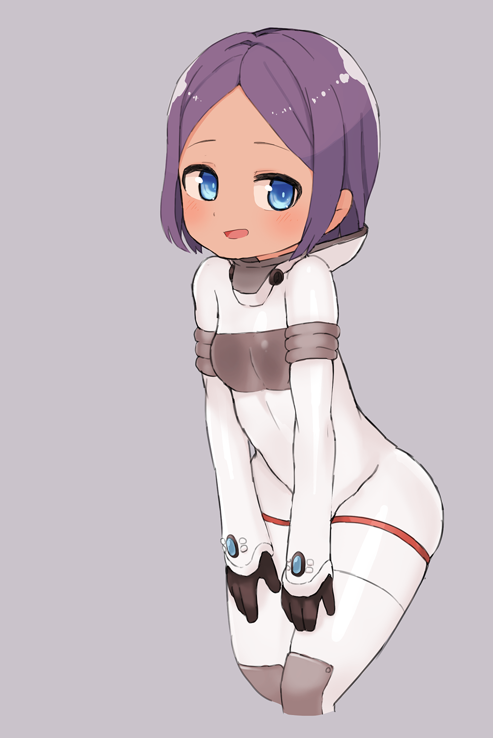 1girl black_gloves blue_eyes coco_mercury dark-skinned_female dark_skin female_focus gloves grey_background hands_on_own_hips highres last_origin looking_at_viewer open_mouth purple_hair short_hair simple_background sizeaton smile solo spacesuit