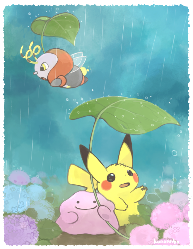 black_eyes border ditto flower gen_1_pokemon gen_3_pokemon hydrangea konanbo leaf_umbrella nintendo no_humans open_mouth outdoors pikachu pokemon pokemon_(creature) rain smile umbrella volbeat water_drop white_border yellow_eyes