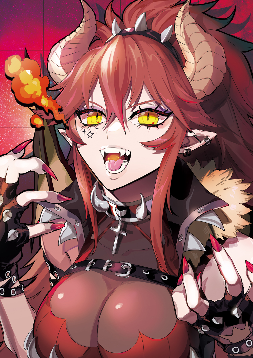1girl black_gloves breasts chest_belt cleavage collar dragon_girl dragon_horns earrings fingerless_gloves gloves highres horns jewelry large_breasts leotard long_hair looking_at_viewer nail_polish puppeteer7777 red_hair red_nails solo virtual_youtuber vshojo yellow_eyes zentreya zentreya_(dragon) zentreya_(dragon)_(1st_costume)