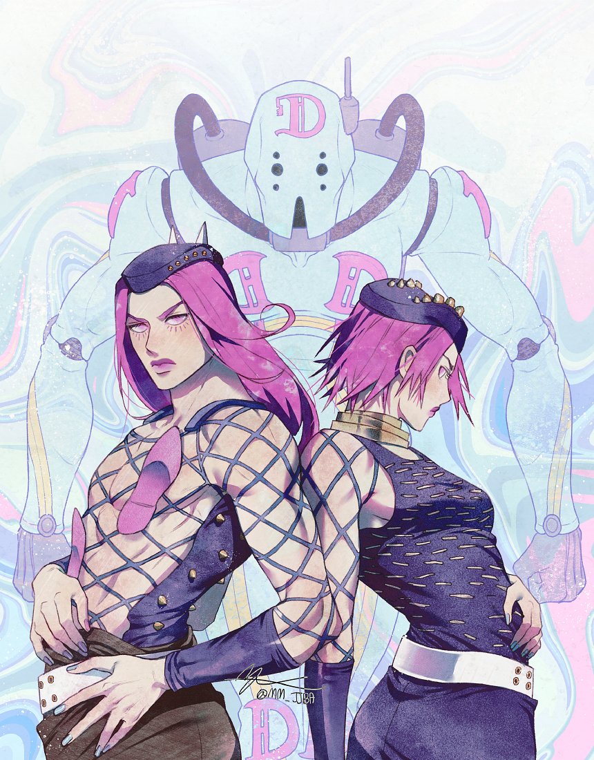 1boy 1girl breasts commentary diver_down_(stand) dual_persona fishnet_top fishnets frown genderswap genderswap_(mtf) green_nails grey_nails hat jojo_no_kimyou_na_bouken korean_commentary long_hair mm_jjba narciso_anasui pink_eyes pink_hair pink_lips short_hair signature small_breasts stand_(jojo) stone_ocean toned toned_male twisted_torso twitter_username v-shaped_eyebrows