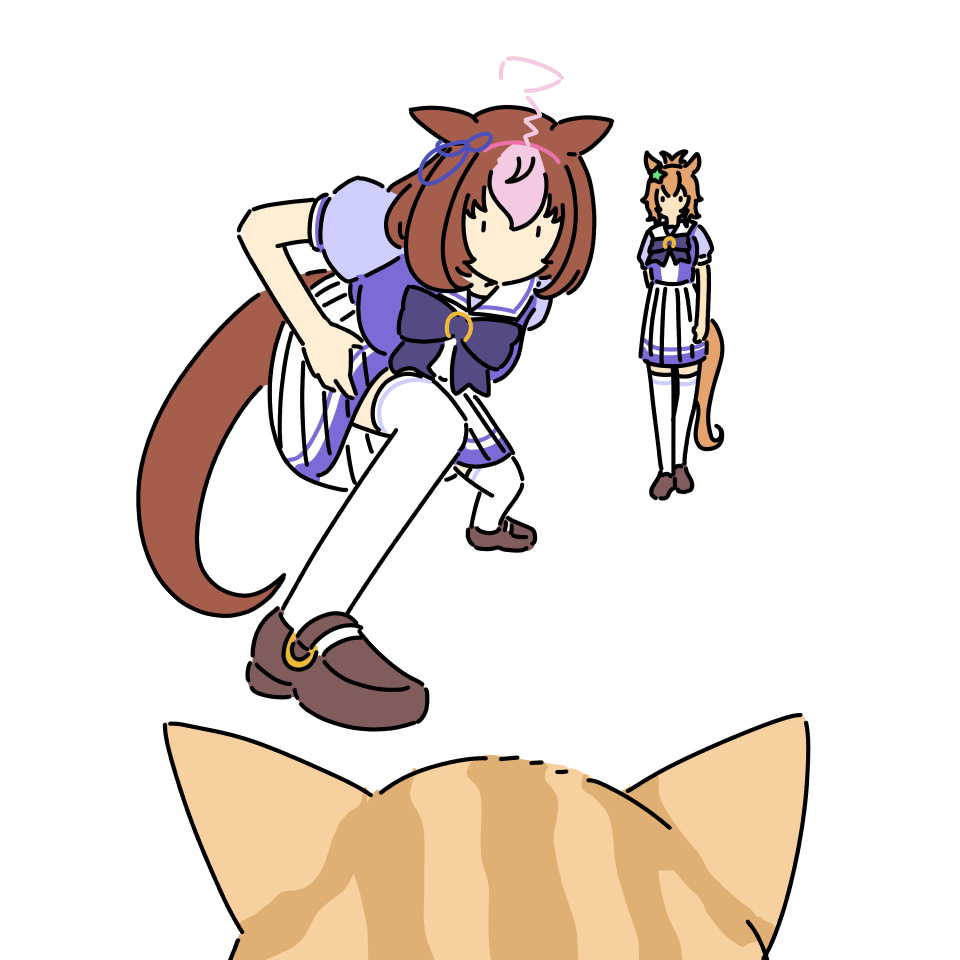 2girls ahoge animal_ears be_my_baby_(song) breasts brown_footwear brown_hair cat foreshortening full_body hand_on_own_hip horse_ears horse_tail kashinoki_(koaaski) large_breasts long_hair looking_at_animal lunge medium_hair meisho_doto_(umamusume) multicolored_hair multiple_girls no_mouth orange_hair parody pink_hair pleated_skirt puffy_short_sleeves puffy_sleeves purple_shirt shirt shoes short_hair short_sleeves simple_background skirt standing streaked_hair taiki_shuttle_(umamusume) tail thighhighs umamusume white_background white_skirt white_thighhighs |_|