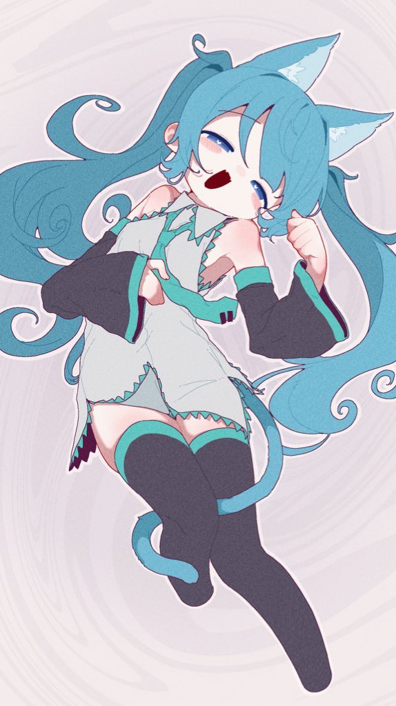 1girl animal_ear_fluff animal_ears aqua_hair aqua_trim banananosongen bare_shoulders between_legs black_sleeves black_thighhighs blue_eyes bright_pupils cat_ears cat_girl cat_tail detached_sleeves fang from_above grey_shirt half-closed_eyes hatsune_miku head_tilt heart heart-shaped_pupils kemonomimi_mode long_hair lying naughty_face on_back paw_pose shirt solo spiral_background symbol-shaped_pupils tail tail_between_legs thighhighs twintails very_long_hair vocaloid white_pupils zettai_ryouiki