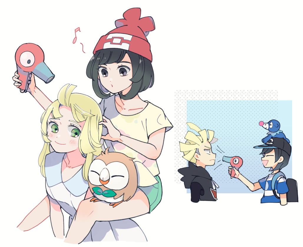 2boys 2girls ahoge atsumi_yoshioka backpack bag baseball_cap beanie black_bag black_hair black_headwear black_shirt blonde_hair blue_shirt closed_mouth collared_dress commentary_request dress elio_(pokemon) gen_7_pokemon gladion_(pokemon) green_eyes green_shorts hair_dryer hat holding holding_hair_dryer hood hooded_vest hoodie lillie_(pokemon) long_hair multiple_boys multiple_girls musical_note nintendo on_head pokemon pokemon_(creature) pokemon_on_head pokemon_on_leg pokemon_sm popplio red_headwear rowlet selene_(pokemon) shirt short_hair short_shorts short_sleeves shorts sleeveless sleeveless_dress striped_clothes striped_shirt sundress t-shirt vest white_dress