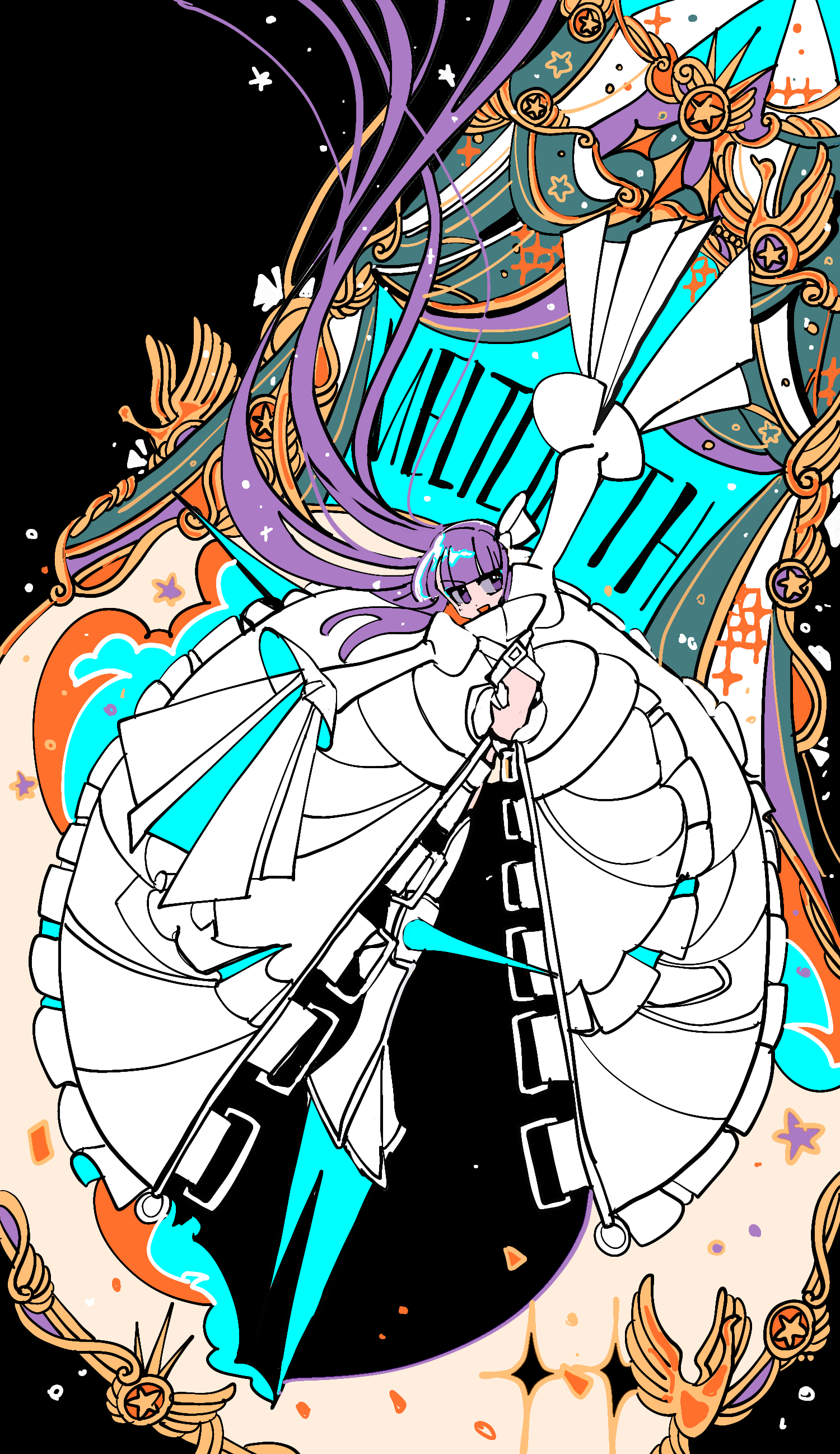 1girl :d absurdres arm_up blunt_bangs bow character_name coat curtains fate/grand_order fate_(series) floating_hair full_body hair_bow highres ima_mo_nao_kangaechuu juliet_sleeves knee_spikes leg_blade limited_palette long_hair long_sleeves looking_to_the_side meltryllis_(fate) meltryllis_(third_ascension)_(fate) open_mouth outstretched_arm prosthesis prosthetic_leg puffy_sleeves purple_eyes purple_hair sleeves_past_fingers sleeves_past_wrists smile solo sparkle very_long_hair white_bow white_coat