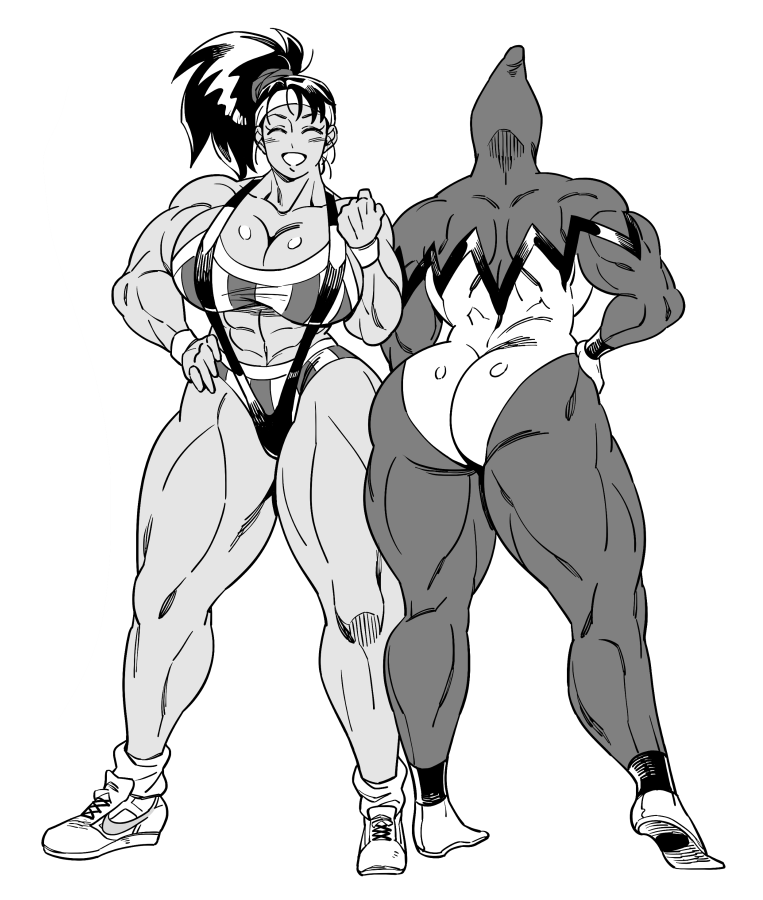1girl backboob bikini black_bikini black_leotard black_widow_(muscle_bomber) breasts brown_hair capcom cleavage closed_eyes collarbone covered_erect_nipples dark-skinned_female dark_skin doboshiru dual_persona from_behind greyscale grin happy headband huge_breasts legs_apart leotard light_blush looking_at_viewer monochrome multiple_views muscle_bomber muscular muscular_female shoes side_ponytail smile sneakers solo standing straight-on striped_bikini striped_clothes swimsuit tan tanline third-party_source thong_leotard toned toned_female white_background white_trim wristband