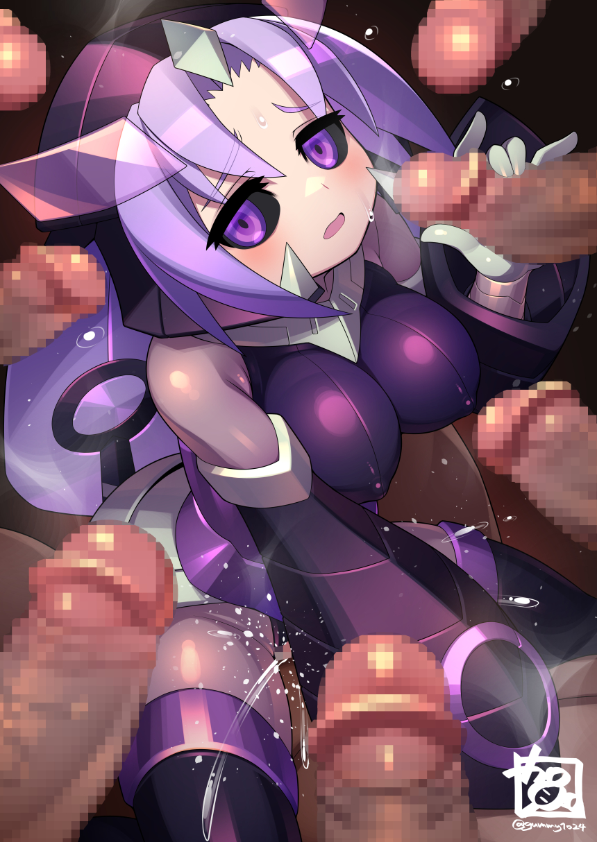 1girl 6+boys azure_striker_gunvolt azure_striker_gunvolt_1 black_bodysuit black_sclera blush bodysuit breasts censored colored_sclera covered_erect_nipples elise_(gunvolt) female_ejaculation gangbang group_sex gummyrise handjob hetero highres large_breasts long_hair mosaic_censoring multiple_boys purple_eyes purple_hair pussy_juice sex vaginal