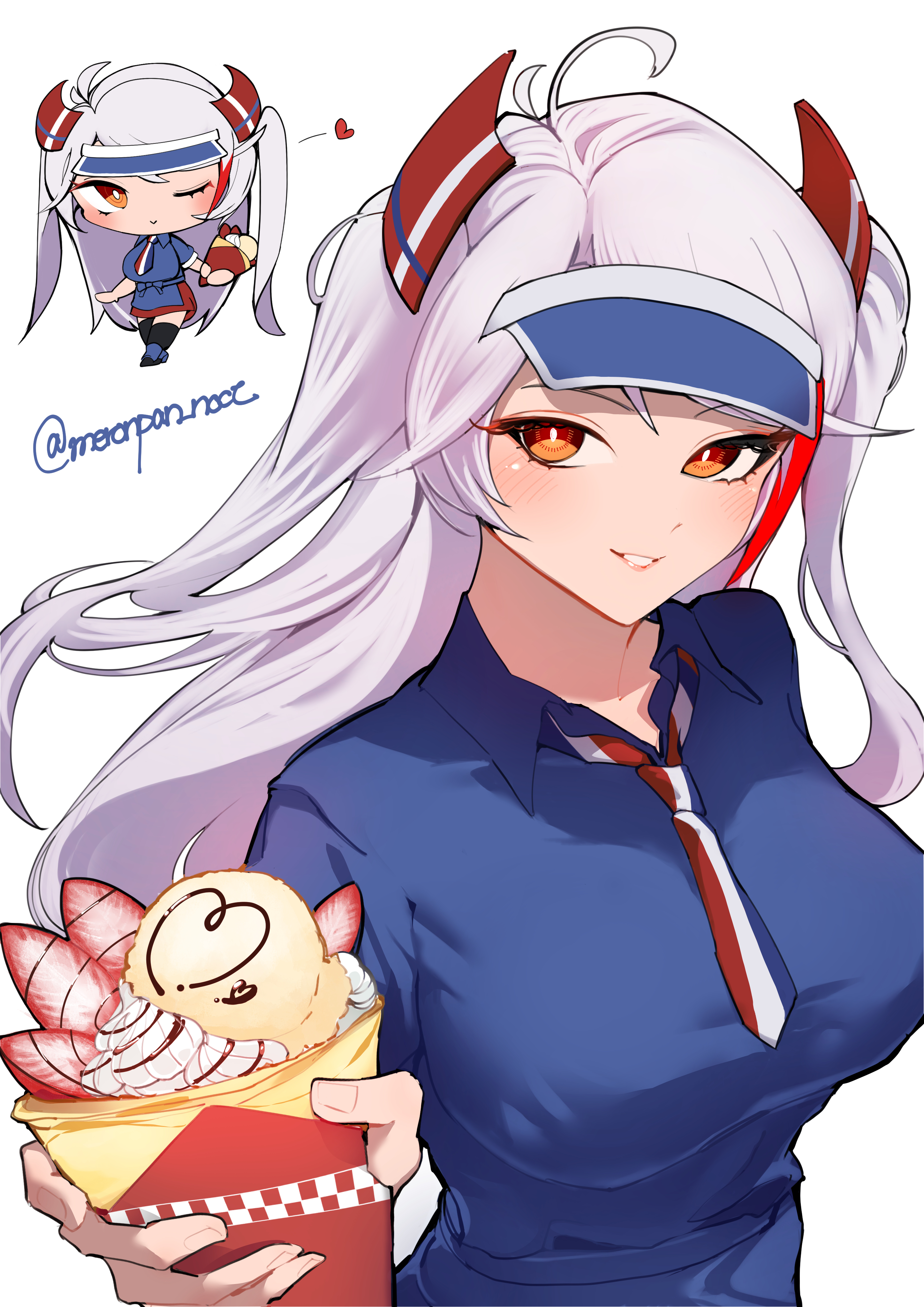 1girl absurdres antenna_hair azur_lane blue_shirt breasts chibi chibi_inset chocolate_syrup food fruit highres holding holding_food holding_ice_cream holding_ice_cream_cone ice_cream ice_cream_cone large_breasts long_hair looking_at_viewer multicolored_hair multiple_scoops necktie nocturnal_melonpan polo_shirt prinz_eugen_(azur_lane) red_hair shirt soft_serve strawberry strawberry_slice streaked_hair twitter_username two_side_up very_long_hair visor_cap waffle_cone white_hair