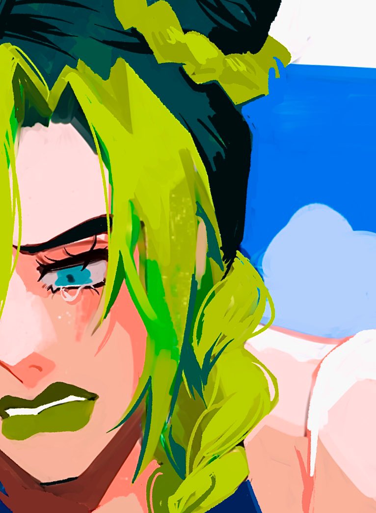 1girl blue_eyes braid close-up cloud commentary_request crying crying_with_eyes_open green_hair green_lips hair_bun jojo_no_kimyou_na_bouken kuujou_jolyne looking_down looking_to_the_side multicolored_hair natchan_blue_(nanairopenki) parted_lips sidelocks sky solo tears two-tone_hair upper_body