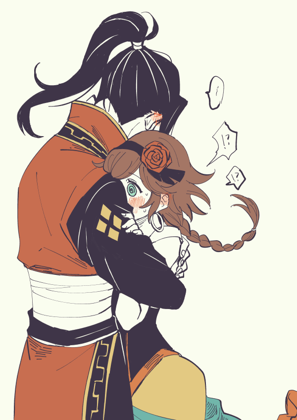1boy 1girl @_@ agnea_bristarni black_hair blue_eyes blush braid brown_hair couple dress earrings flower hair_flower hair_ornament hairband hetero high_ponytail hikari_ku hug japanese_clothes jewelry long_hair long_sleeves octopath_traveler octopath_traveler_ii osgt_pic ponytail sleeveless sleeveless_dress white_background