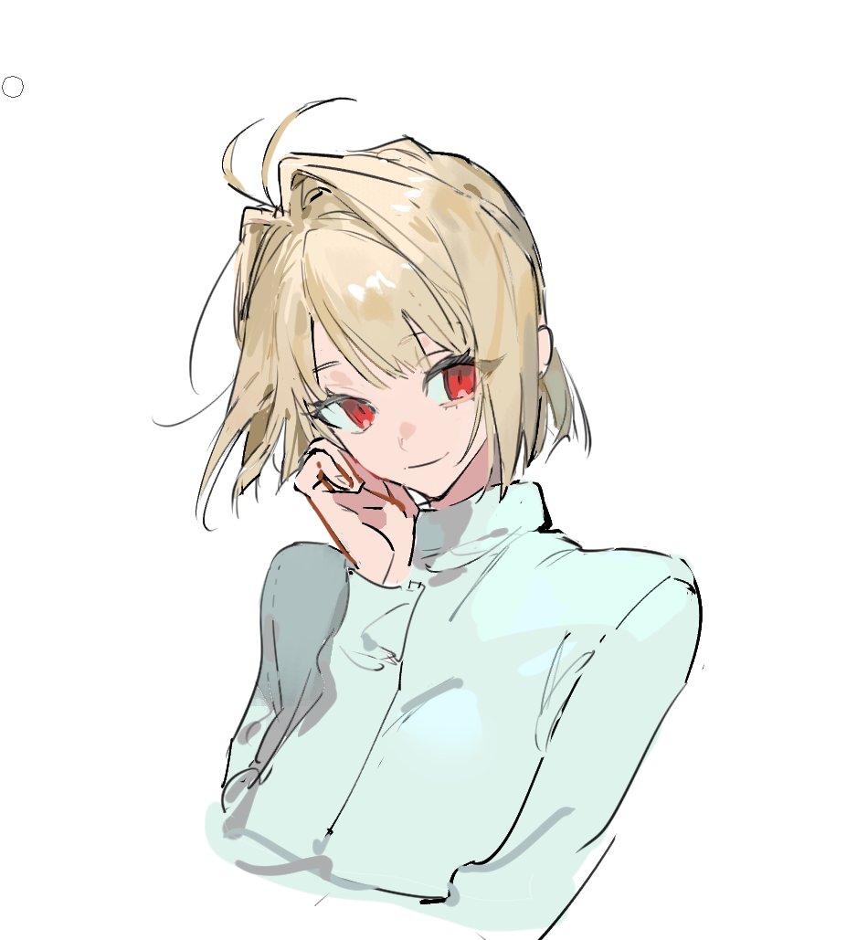 antenna_hair arcueid_brunestud blonde_hair hair_between_eyes hair_intakes hand_on_own_face long_sleeves looking_at_viewer qyzhiaiyisheng red_eyes short_hair simple_background smile solo sweater tsukihime turtleneck turtleneck_sweater