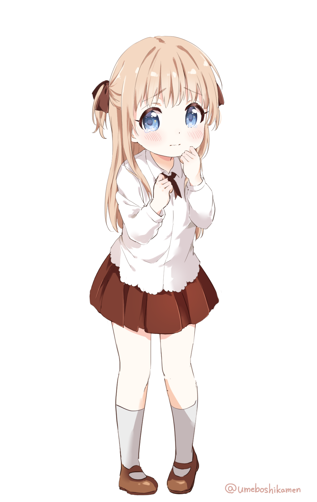 1girl aged_down blonde_hair blue_eyes blush brown_shoes closed_mouth collared_shirt commentary frilled_shirt frills full_body grey_socks hair_ribbon hand_on_own_face hands_up highres long_hair looking_at_viewer mary_janes mearian neck_ribbon pleated_skirt raised_eyebrows red_ribbon red_skirt ribbon scared shirt shoes simple_background skirt socks solo tears toshinou_kyouko twitter_username two_side_up wavy_mouth white_background white_shirt yuruyuri