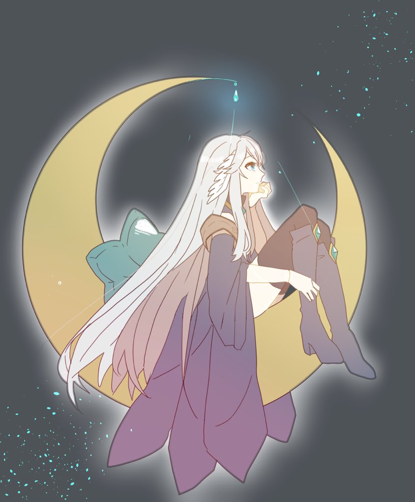 1girl arcane_master_(ragnarok_masters) black_coat black_thighhighs boots closed_mouth coat commentary_request datenshi_no_fu feathered_wings full_body grey_background grey_boots grey_hair head_wings long_hair on_crescent ragnarok_masters ragnarok_online red_eyes smile solo thighhighs very_long_hair white_wings wings