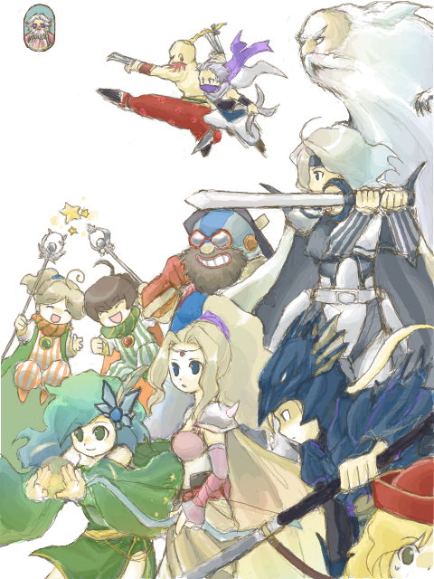 1990s_(style) 3girls 6+boys cain_highwind cecil_harvey cid_pollendina edward_geraldine everyone final_fantasy final_fantasy_iv fusoya edward_chris_von_muir green_hair multiple_boys multiple_girls palom porom rosa_farrell rydia_(ff4) tellah yang_fang_leiden