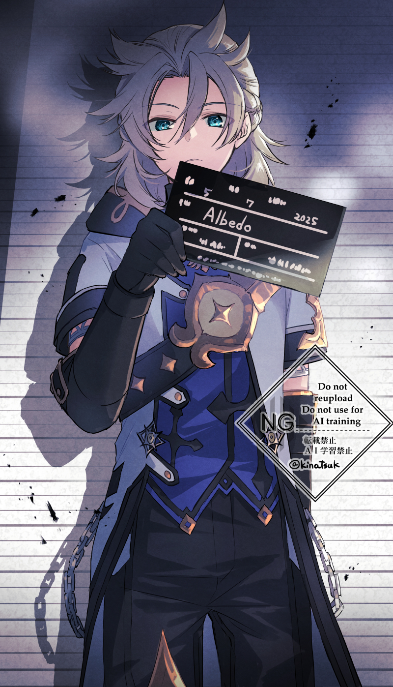 against_wall albedo_(genshin_impact) black_gloves blonde_hair blue_eyes blue_shirt braid card chain coat genshin_impact gloves hair_between_eyes half_up_half_down_braid height_chart highres holding holding_card holding_sign hood hood_down hooded_coat kinatsu_k male_focus mugshot nameplate open_mouth shirt short_sleeves sign solo watermark white_coat