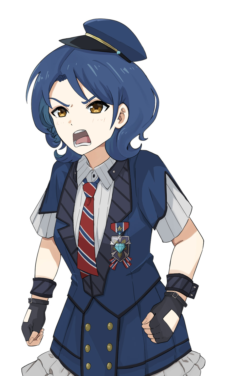 1girl black_gloves blue_hair blue_hat blue_jacket blush clenched_hands collared_shirt commentary diagonal-striped_clothes diagonal-striped_necktie dress_shirt fingerless_gloves girls_band_cry gloves hat highres jacket nana_(girls_band_cry) necktie open_mouth red_necktie sagittarius_(cruxhkg) shirt simple_background solo striped_clothes white_background white_shirt wrist_cuffs yellow_eyes