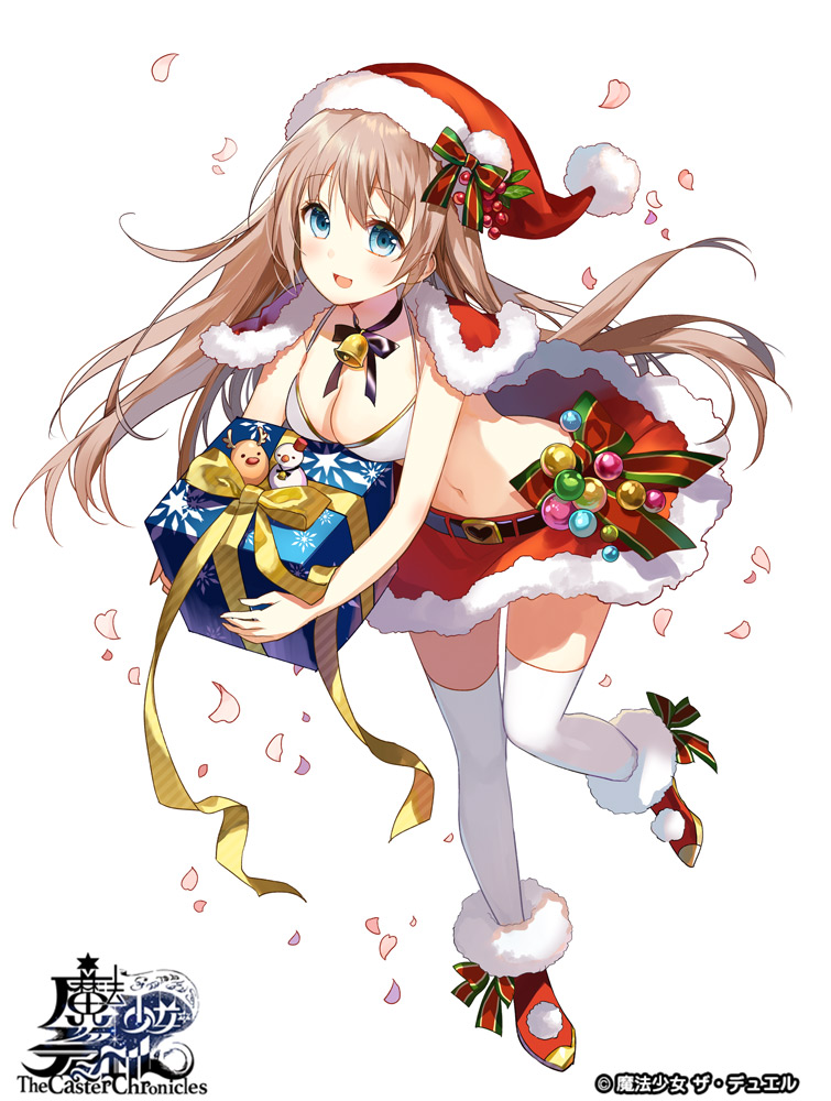 1girl bell bikini bikini_top_only blue_eyes christmas circle_skirt copyright_name female_focus full_body gift hat light_brown_hair long_hair navel official_art original santa_bikini santa_costume santa_hat simple_background solo swimsuit the_caster_chronicles thighhighs white_background white_thighhighs yuzuki_kihiro
