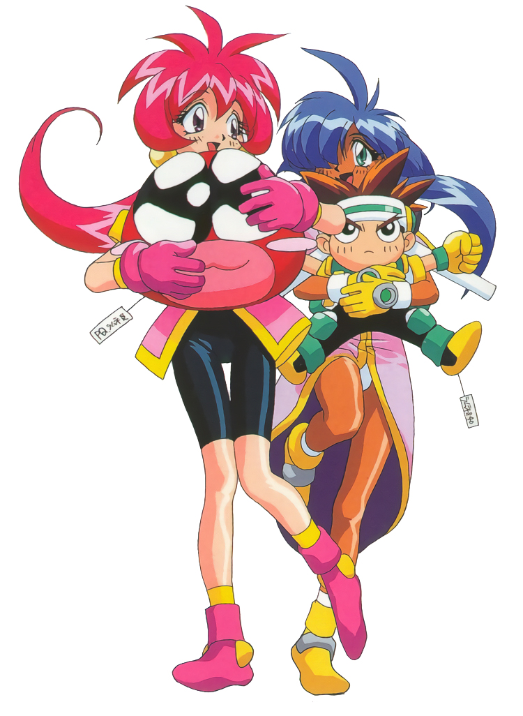 1990s_(style) 1boy 2girls aqua_eyes bike_shorts blue_eyes blush_stickers cacao_(lamune) dark_skin drum_(lamune) earrings gloves holding jewelry kuroda_kazuya long_hair multiple_girls non-web_source official_art open_mouth pantyhose parfait_(lamune) pink_hair pq_(lamune) purple_eyes retro_artstyle simple_background thigh_gap vs_knight_lamune_&amp;_40_fire white_background