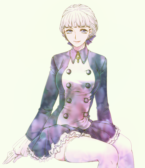 1girl alice_elliot blue_eyes bow braid breasts buttons chiru_(sanifani) closed_mouth dress hair_bow long_sleeves looking_at_viewer shadow_hearts short_hair simple_background skirt smile solo thighhighs white_hair white_thighhighs
