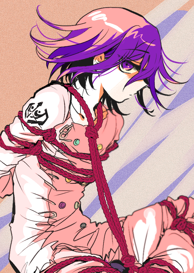1boy arms_behind_back bound buttons collarbone commentary_request danganronpa_(series) danganronpa_v3:_killing_harmony flipped_hair from_side glaring hair_between_eyes long_sleeves looking_at_viewer male_focus medium_hair multicolored_buttons no_scarf oma_kokichi pants profile purple_eyes purple_hair red_rope rope scarf shibari simple_background sitting solo suzuko_(katahaba_v3)