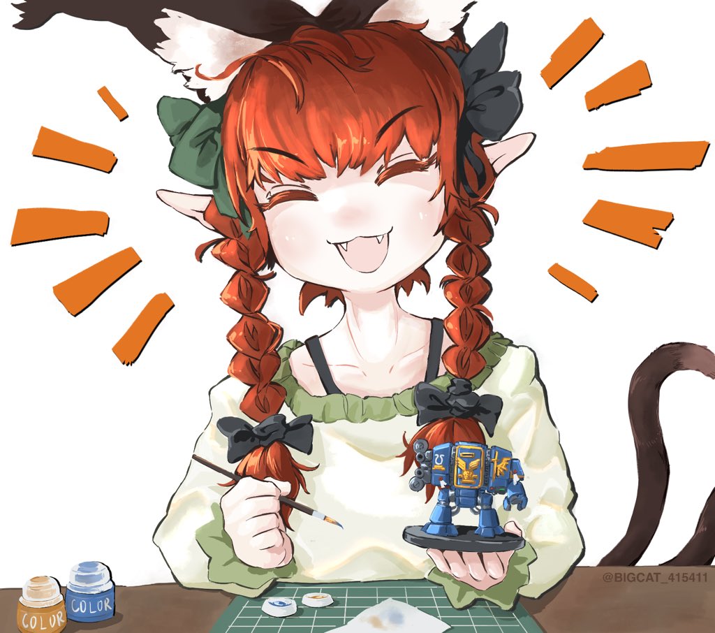1girl ^_^ animal_ears bigcat_114514 braid cat_ears cat_girl cat_tail closed_eyes commentary crossover dreadnought_(warhammer_40k) emphasis_lines english_commentary extra_ears fangs green_shirt hair_ribbon happy kaenbyou_rin miniature multiple_tails open_mouth paintbrush painting_(action) pointy_ears red_hair ribbon shirt simple_background smile solo table tabletop_game tail touhou twin_braids twintails twitter_username ultramarines warhammer_40k white_background