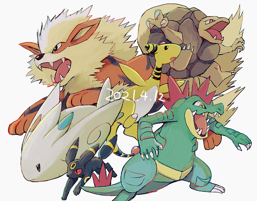 ampharos arcanine black_eyes bright_pupils claws closed_mouth commentary_request dated fangs feraligatr game_freak gen_1_pokemon gen_2_pokemon gen_4_pokemon golem_(pokemon) nintendo no_humans open_mouth outstretched_arms pokemon pokemon_(creature) popcorn_91 sharp_teeth simple_background standing teeth toes togekiss tongue umbreon white_background white_pupils