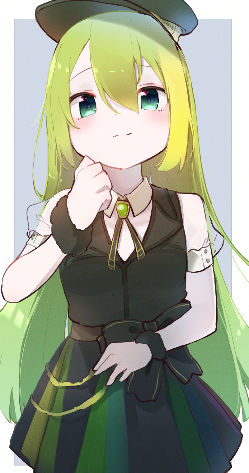 1girl alina_gray aqua_eyes black_bow black_hat black_necktie black_vest blonde_hair blush bow brooch chain closed_mouth collar cross_tie detached_collar fur_cuffs gem green_gemstone green_hair hair_between_eyes hat highres jewelry kashi_neko long_hair looking_at_viewer magia_record:_mahou_shoujo_madoka_magica_gaiden magical_girl mahou_shoujo_madoka_magica multicolored_hair multicolored_skirt necktie peaked_cap pleated_skirt puffy_short_sleeves puffy_sleeves see-through_clothes see-through_sleeves short_sleeves sidelocks skirt sleeve_cuffs smile solo straight_hair streaked_hair striped_clothes striped_skirt v-neck vertical-striped_clothes vertical-striped_skirt very_long_hair vest waist_bow white_collar white_sleeves