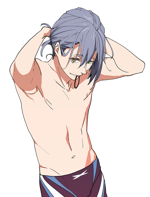 1boy adjusting_hair aged_up black_jammers black_male_swimwear green_eyes grey_hair groin high_speed! jammers looking_at_viewer male_focus male_swimwear megumi-square navel purple_hair rubber_band serizawa_nao simple_background smile solo swimsuit topless_male tying_hair white_background yellow_eyes