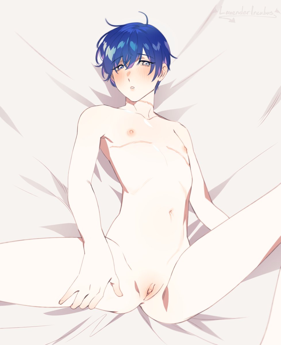 1boy blue_eyes blue_hair blush cuntboy cuntboy_only highres looking_at_viewer mastectomy_scar navel nipples nude on_bed open_mouth pussy roarke_(lavenderincubus) scar scar_on_chest short_hair solo uncensored