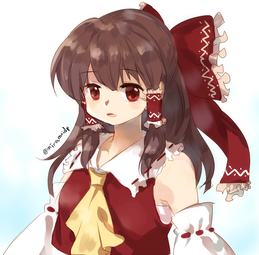 1girl brown_hair detached_sleeves female_focus hair_ribbon hair_tubes hakurei_reimu long_hair looking_at_viewer neckerchief open_mouth red_eyes ribbon signature solo tachiuo_(arines) touhou upper_body
