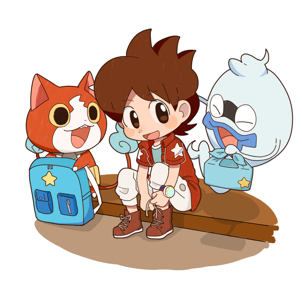 1boy :d amano_keita backpack bag blinking_inside_eyes blue_bag blue_shirt boots brown_eyes brown_footwear creature cross-laced_footwear deformed diorama dot_nose flipped_hair happy holding holding_bag jacket jibanyan knees_up kuriki90333 looking_at_creature lunchbox male_focus open_mouth pants print_sleeves red_jacket shirt short-sleeved_jacket short_hair short_sleeves side-by-side sideways_glance sitting smile spiked_hair star_(symbol) star_print tying_footwear unworn_backpack unworn_bag whisper_(youkai_watch) white_background white_pants youkai_(youkai_watch) youkai_watch