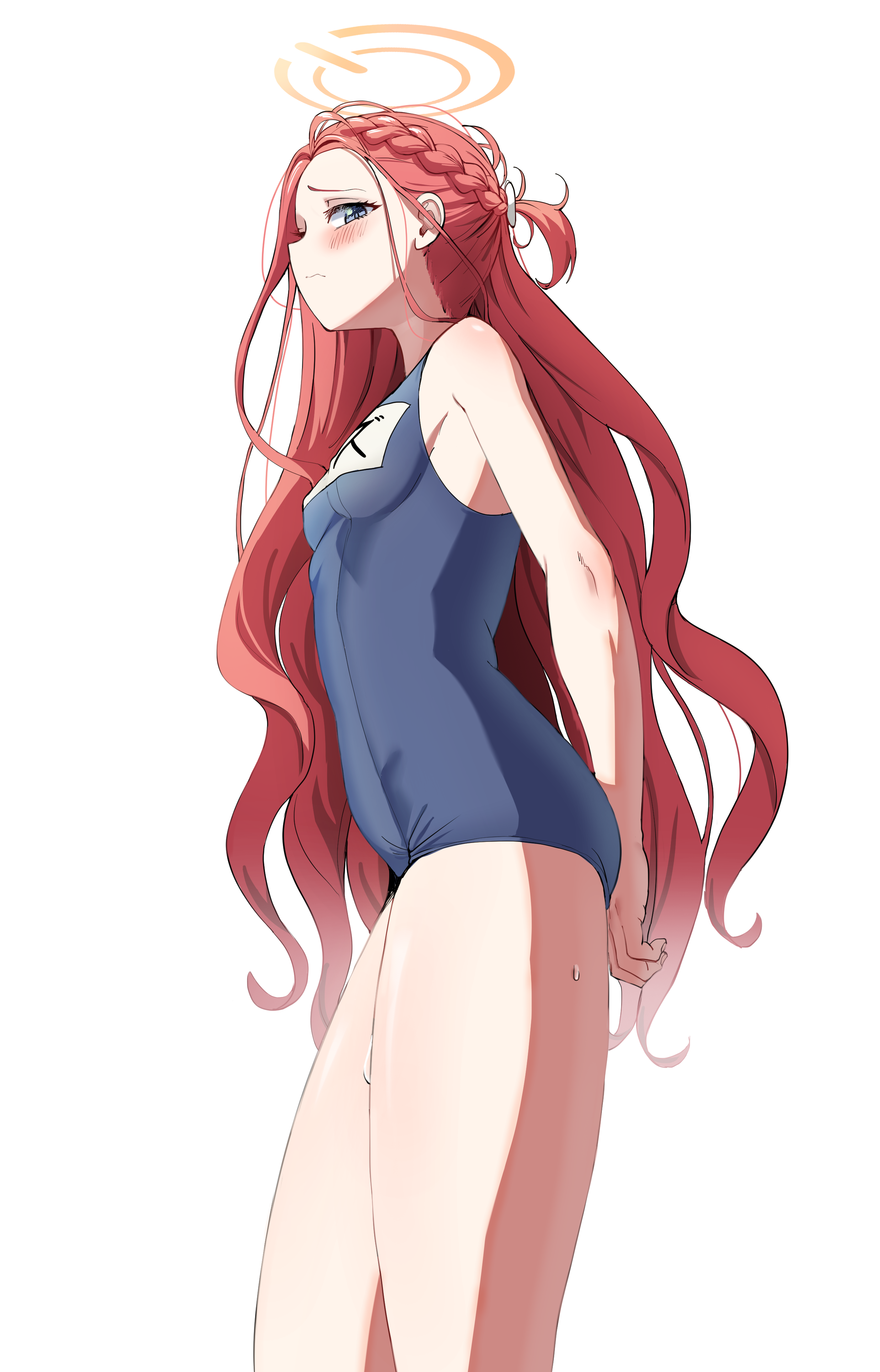 1girl absurdres alternate_costume blue_archive blue_eyes blue_one-piece_swimsuit blush clipstupid commentary covered_erect_nipples curly_hair halo hands_on_own_ass highres long_hair name_tag one-piece_swimsuit red_hair school_swimsuit swimsuit thighs white_background yellow_halo yuzu_(blue_archive)