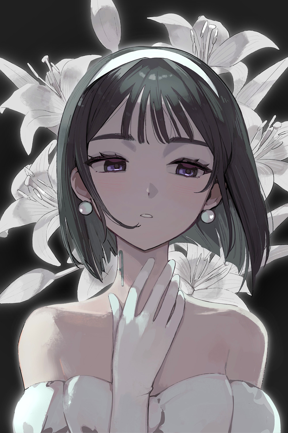 1girl alien_stage bare_shoulders black_hair bob_cut commentary dress earrings english_commentary flower gloves hairband hand_on_own_neck highres jewelry lily_(flower) looking_to_the_side moonie neck_tattoo off-shoulder_dress off_shoulder parted_lips pearl_earrings portrait purple_eyes short_hair solo sua_(alien_stage) tattoo white_dress white_gloves white_hairband white_lily