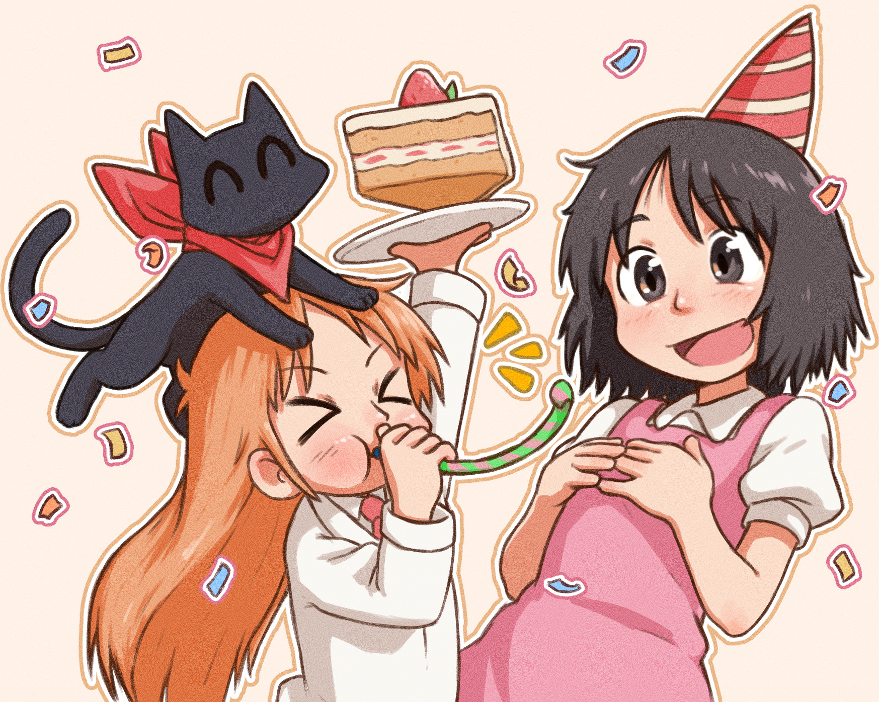 >_< 2girls :d ^_^ apron beachepisode birthday birthday_cake black_cat black_eyes black_hair cake cat closed_eyes closed_lab_coat food happy_birthday hat highres holding holding_plate lab_coat multiple_girls nichijou open_mouth orange_hair own_hands_together party_hat party_horn pink_apron plate professor_shinonome sakamoto_(nichijou) shinonome_nano smile strawberry_cake yellow_background