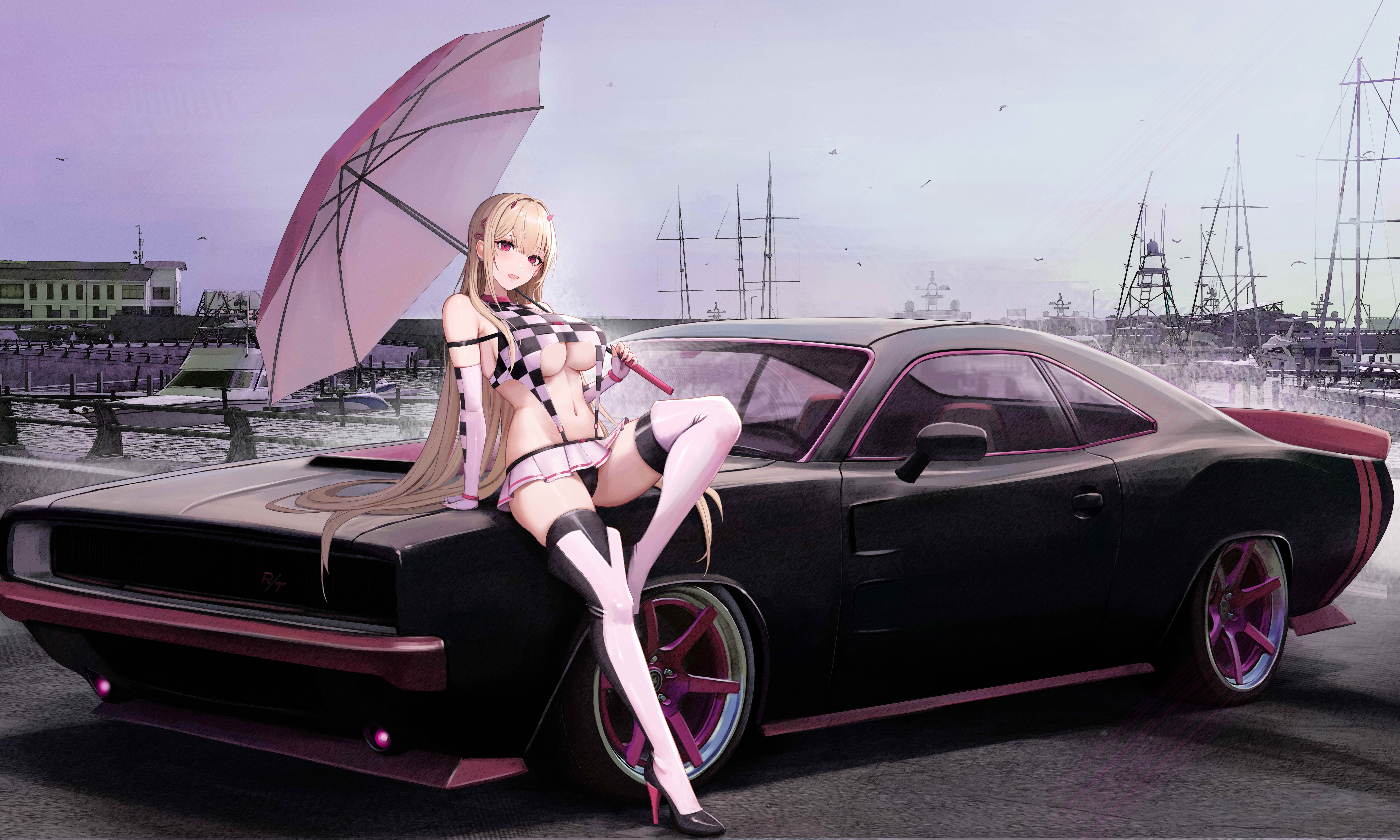 1girl absurdres alternate_costume black_panties blonde_hair breasts car checkered_clothes commission dodge_challenger elbow_gloves fingerless_gloves gloves goddess_of_victory:_nikke harbor high_heels highres holding holding_umbrella horns kcar66t large_breasts leaning_against_vehicle leaning_back long_hair looking_at_viewer miniskirt motor_vehicle nail_polish navel on_car open_mouth outdoors panties pink_eyes pink_horns pink_nails pleated_skirt race_queen revealing_clothes sideboob skirt sleeveless sleeveless_turtleneck solo thighhighs turtleneck umbrella underboob underwear very_long_hair viper_(nikke) yacht