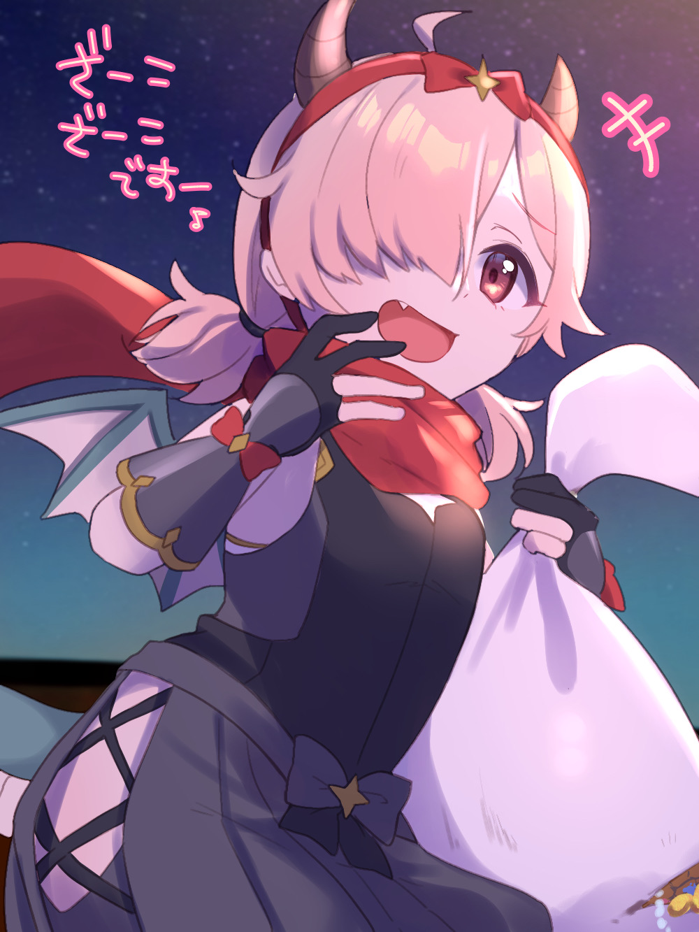 +++ 1girl :d black_bow black_gloves black_shirt black_skirt bow brown_eyes brown_hair fang gloves gucchiann hair_over_one_eye hairband hands_up highres holding holding_sack horns inori_(phantom_thief)_(princess_connect!) inori_(princess_connect!) low_twintails mini_wings night night_sky open_mouth outdoors partially_fingerless_gloves pleated_skirt princess_connect! red_bow red_hairband red_scarf sack scarf shirt short_twintails skirt sky smile solo translation_request twintails white_wings wings