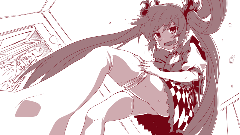 2girls @_@ ahoge apron black_apron blush borrowed_clothes checkered_clothes checkered_skirt commentary_request cosplay cthugha_(nyaruko-san) drooling feet_out_of_frame female_pervert foreshortening from_below furrowed_brow greyscale haiyore!_nyaruko-san indoors leaning_forward long_hair looking_at_viewer looking_down monochrome mouth_drool multiple_girls nyarlathotep_(nyaruko-san) nyarlathotep_(nyaruko-san)_(cosplay) open_mouth pervert puffy_short_sleeves puffy_sleeves short_sleeves skirt smile solo_focus standing steaming_body straight_hair sweat thighhighs_pull thighs twintails v-shaped_eyebrows very_long_hair walk-in wavy_mouth yuto_(dialique)