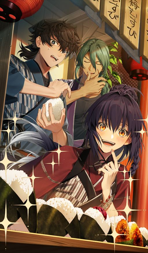 1other 2boys :d ahoge artist_request black_hair black_shirt blue_kimono bracelet braid closed_eyes cooking fate/grand_order fate_(series) food green_hair hair_between_eyes hair_intakes hair_over_shoulder hand_up headscarf high_ponytail hungry indoors japanese_clothes jewelry kimono lantern long_hair long_sleeves low_ponytail medium_hair menu miyamoto_iori_(fate) multicolored_hair multiple_boys official_art onigiri open_mouth orange_eyes paper_lantern ponytail purple_kimono red_kimono rice shirt side_braid single_braid smile sparkle sparkling_eyes sweat tawara_touta_(fate) two-tone_hair undershirt very_long_hair white_hair wide-eyed yagasuri yamato_takeru_(fate)