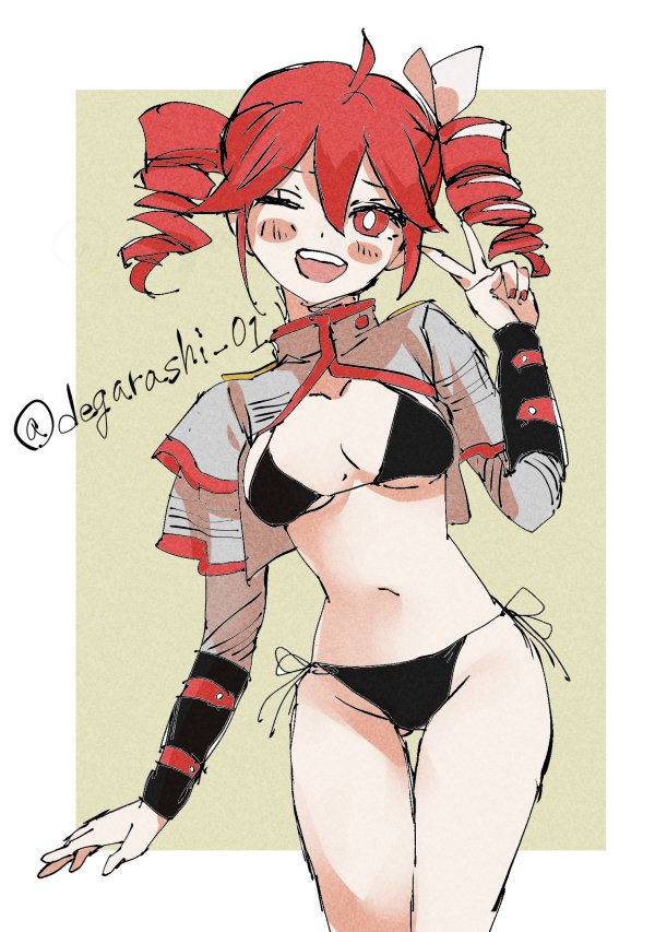 1girl :d adapted_costume ahoge arm_at_side artist_name bikini black_bikini blush blush_stickers border breasts bright_pupils cleavage collarbone commentary contrapposto degarashi_01 drill_hair eyelashes gluteal_fold green_background grey_shrug groin hair_between_eyes hair_ribbon hand_up head_tilt high_collar kasane_teto long_sleeves medium_breasts navel one_eye_closed open_mouth outside_border red_eyes red_hair red_trim ribbon shrug_(clothing) side-tie_bikini_bottom signature sketch smile solo standing swimsuit synthesizer_v teeth thigh_gap twin_drills twitter_username underboob upper_teeth_only v white_border white_pupils white_ribbon