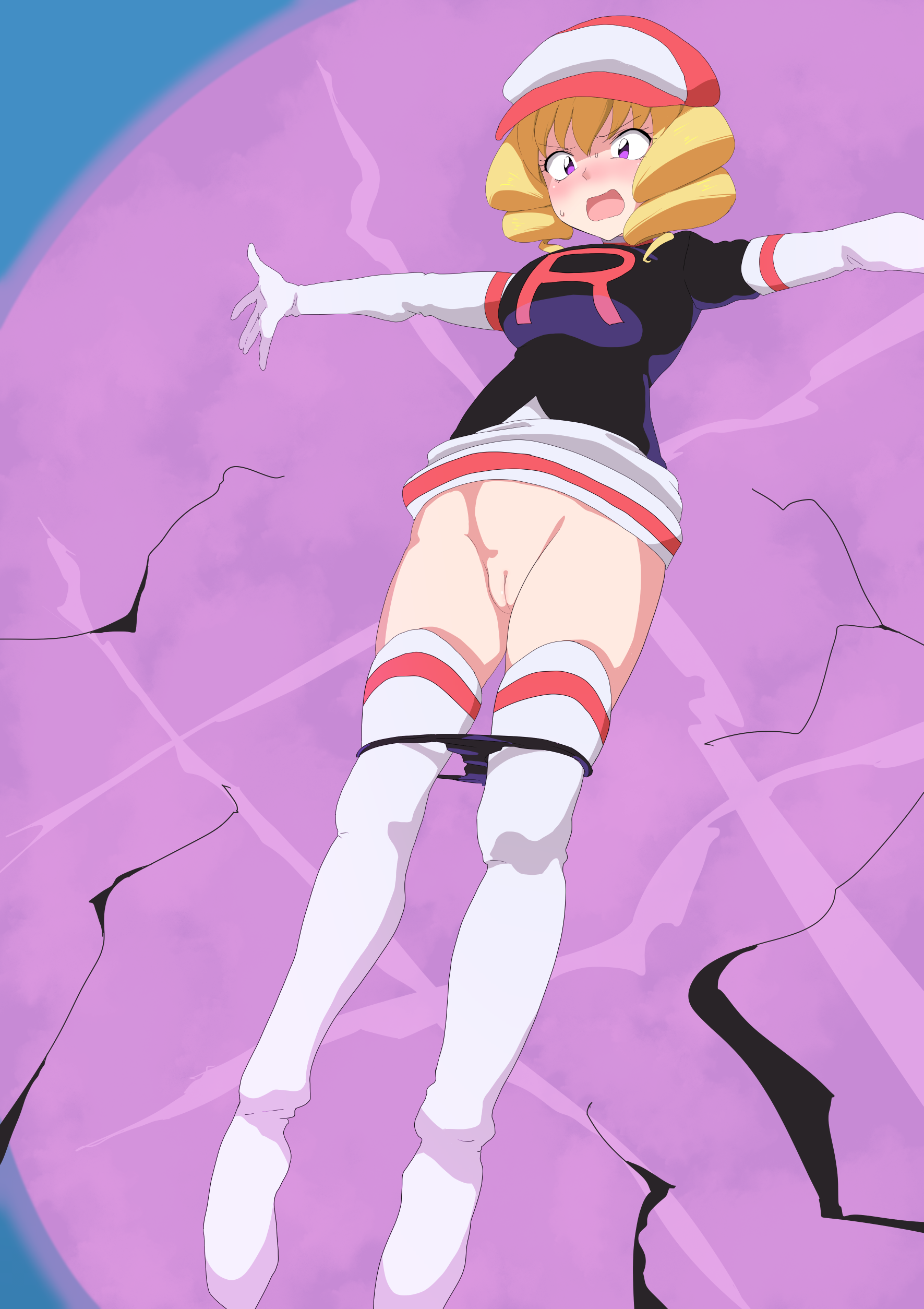 1girl absurdres black_jacket black_panties blonde_hair boots clothes_lift commentary_request domino_(pokemon) elbow_gloves embarrassed gloves hat highres jacket logo looking_down medium_hair nintendo open_mouth outstretched_arms panties panty_pull pink_hat pokemon pokemon_(anime) pokemon_(classic_anime) purple_eyes pussy sarura skirt skirt_lift solo team_rocket team_rocket_uniform textless_version thigh_boots underwear white_boots white_gloves white_skirt