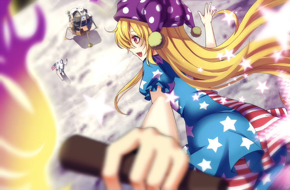 1girl american_flag american_flag_dress american_flag_legwear apollo_lunar_module apollo_program blonde_hair blurry clownpiece commentary_request depth_of_field fire foreshortening hat jester_cap koissa long_hair moon no_wings pantyhose polka_dot profile red_eyes short_sleeves smile solo_focus spacesuit star_(symbol) star_print striped torch touhou very_long_hair waving